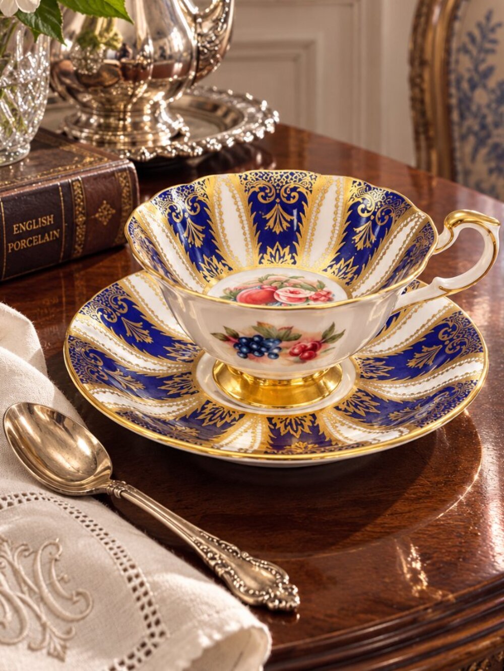 Vintage Paragon Her Majesty Queen Cobalt Blue Gold Footed Teacup & Saucer